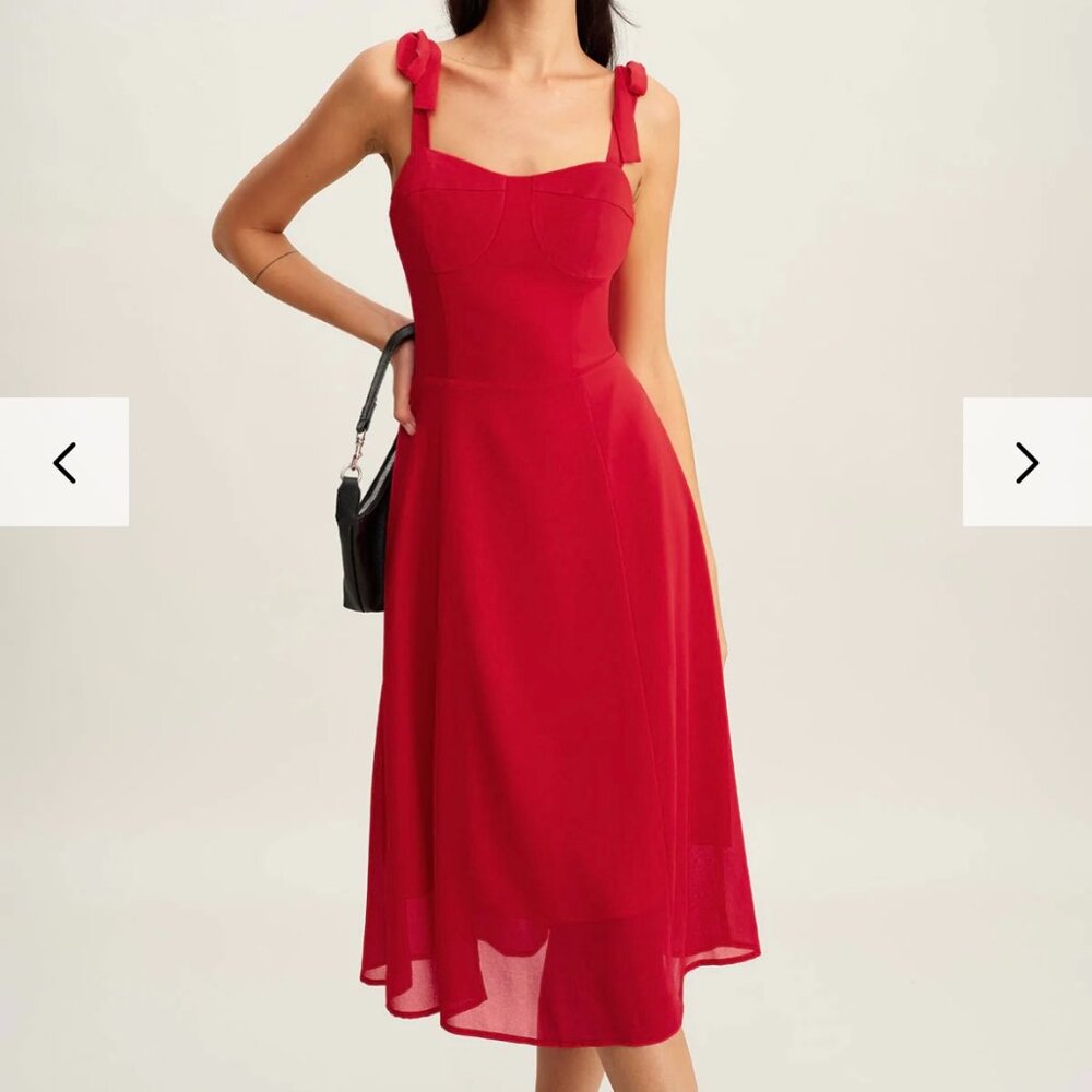 Rihoas Red Sweetheart Neck Tie Strap Midi Dress Size S